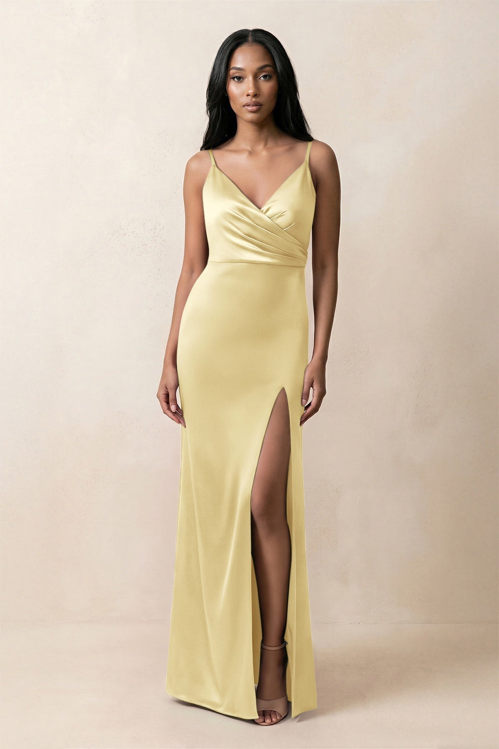 Spaghetti Strap Sheath Satin Ruched Bridesmaid Dress in Pastel Yellow