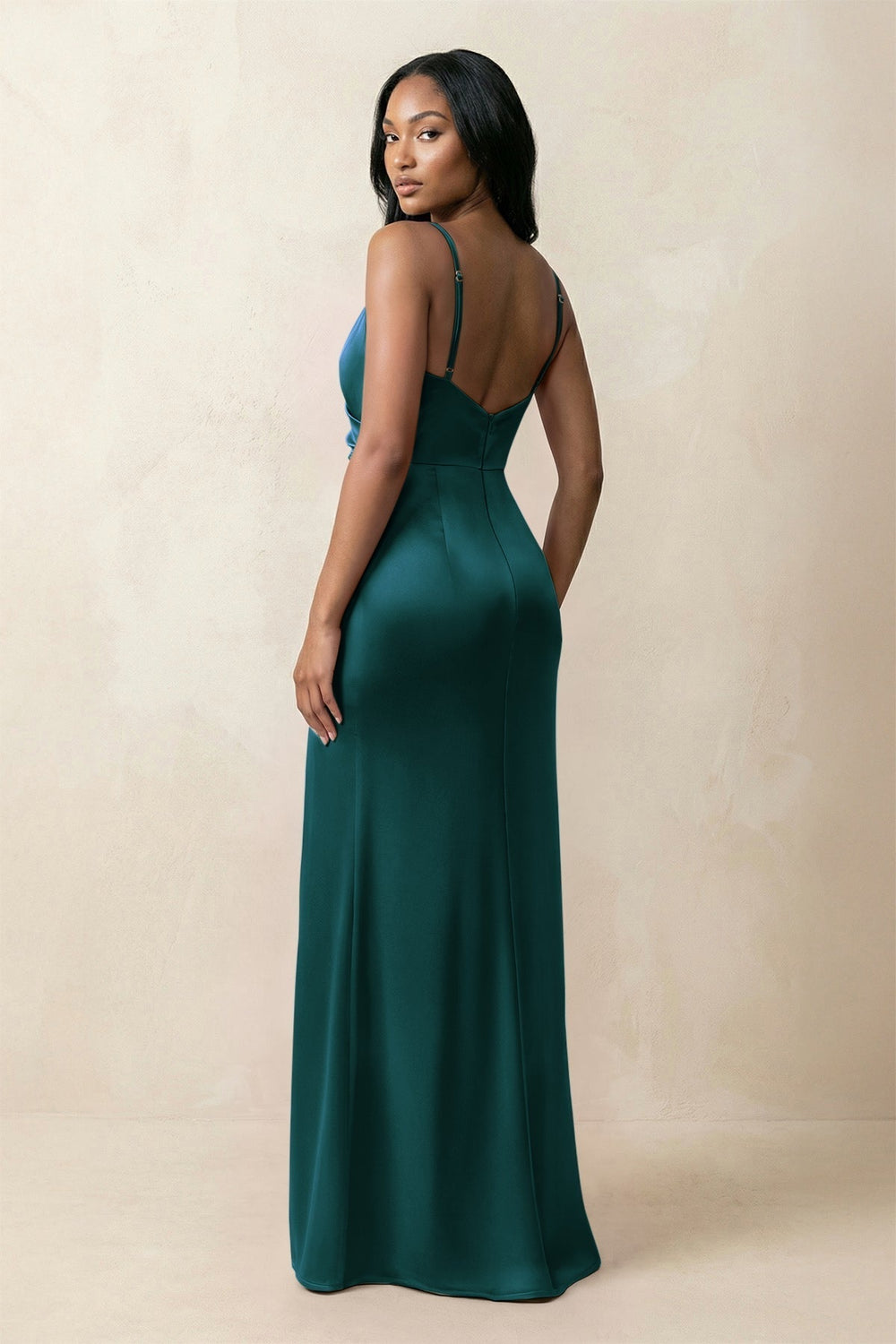 Spaghetti Strap Sheath Satin Ruched Bridesmaid Dress in Pine