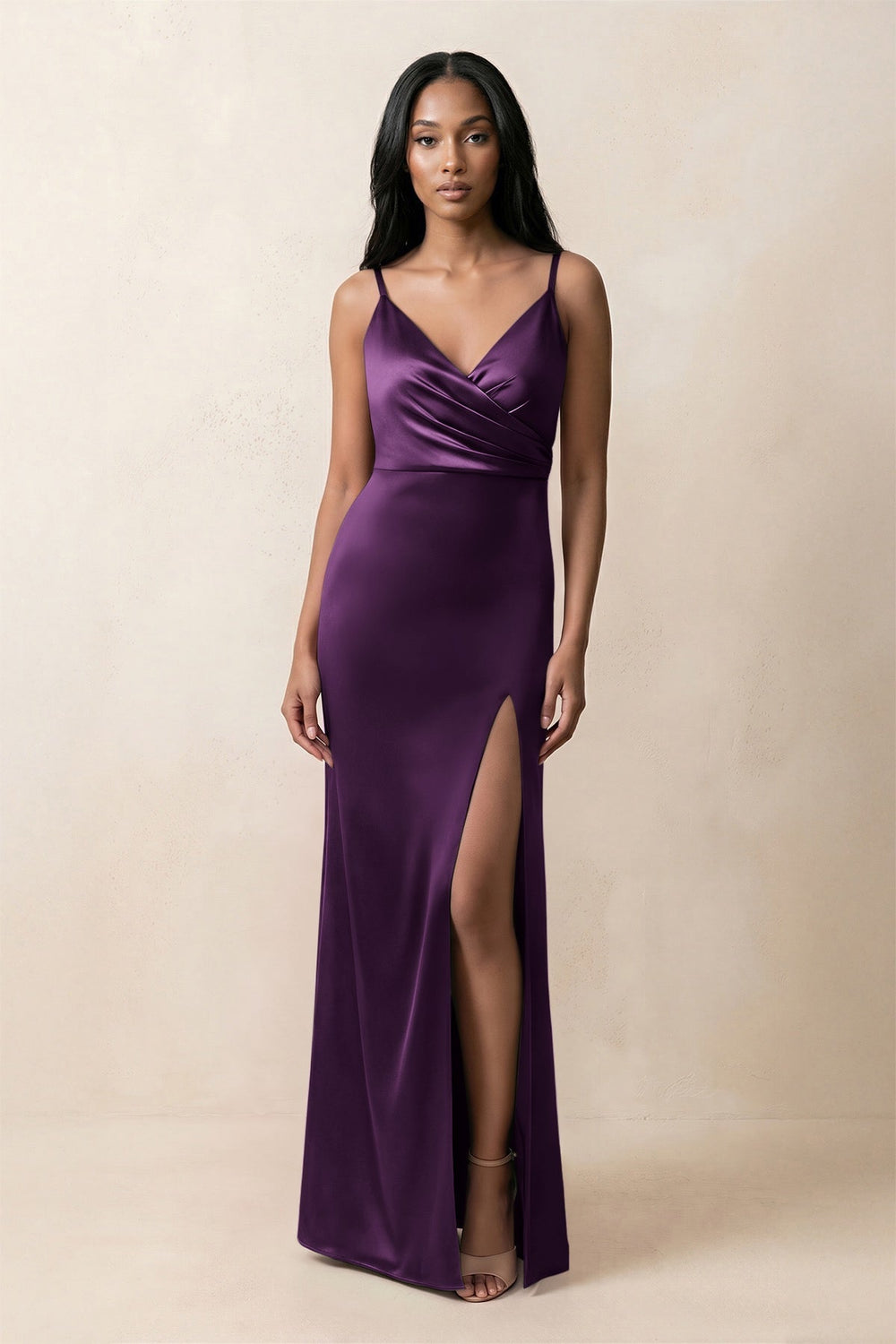 Spaghetti Strap Sheath Satin Ruched Bridesmaid Dress in Plum