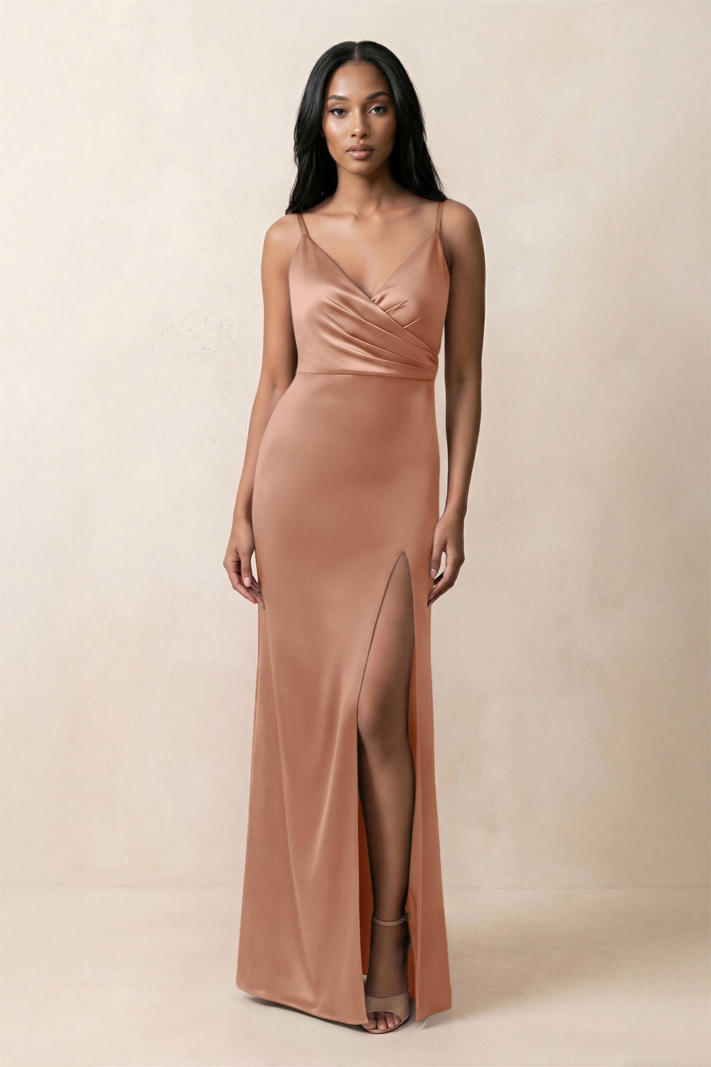 Spaghetti Strap Sheath Satin Ruched Bridesmaid Dress in Rosette