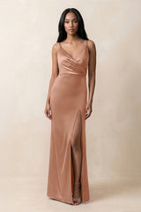 Spaghetti Strap Sheath Satin Ruched Bridesmaid Dress in Rosette - KISS BRIDAL Bridesmaid Dresses
