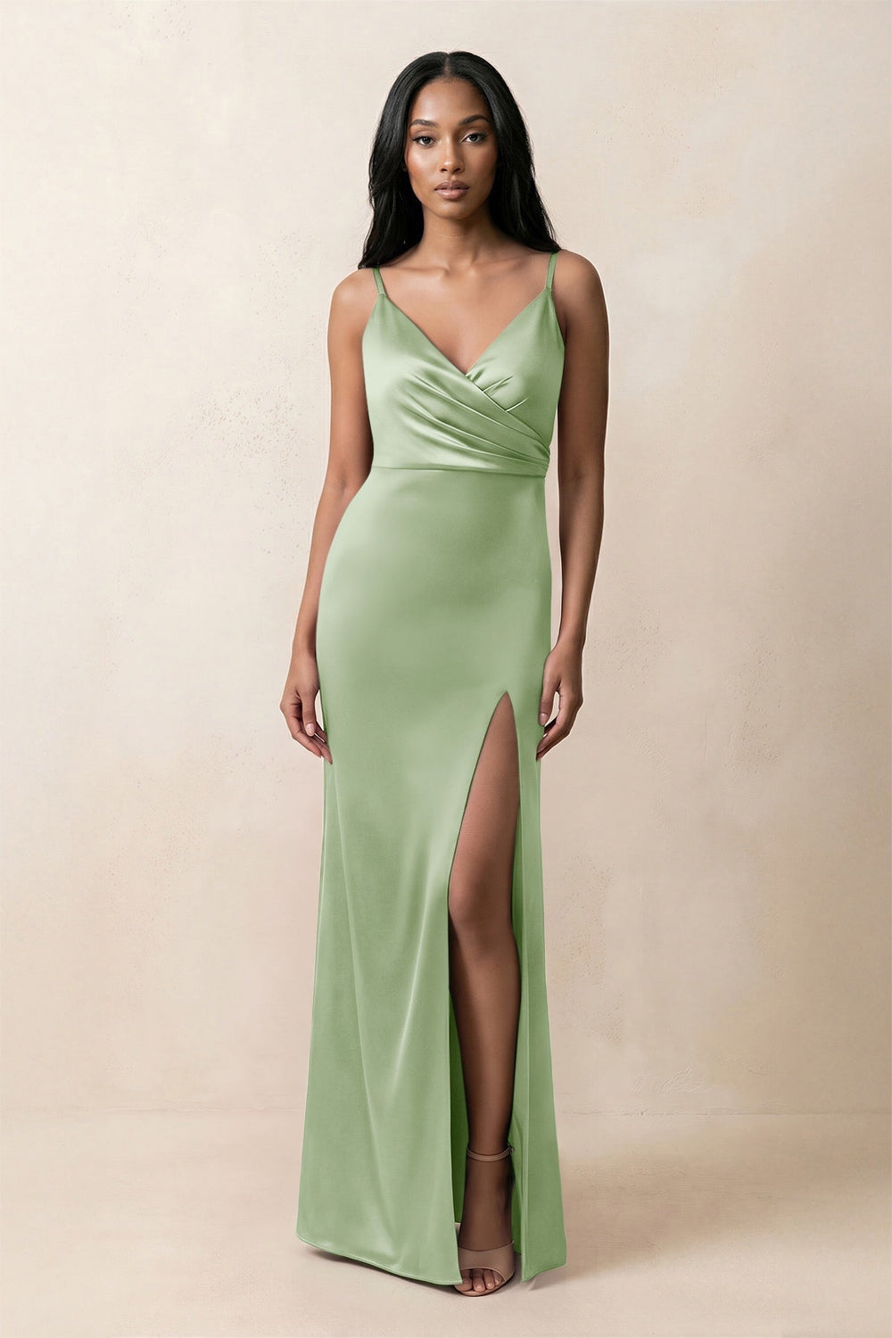 Spaghetti Strap Sheath Satin Ruched Bridesmaid Dress in Sage