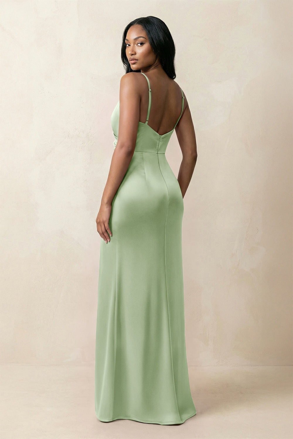 Spaghetti Strap Sheath Satin Ruched Bridesmaid Dress in Sage