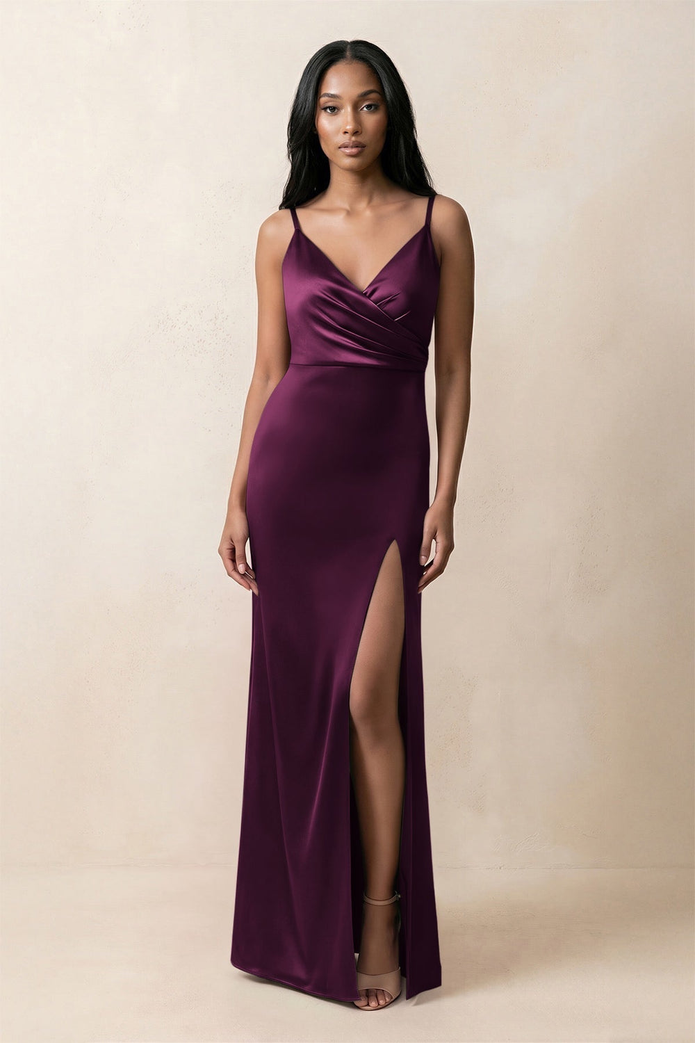 Spaghetti Strap Sheath Satin Ruched Bridesmaid Dress in Sangria