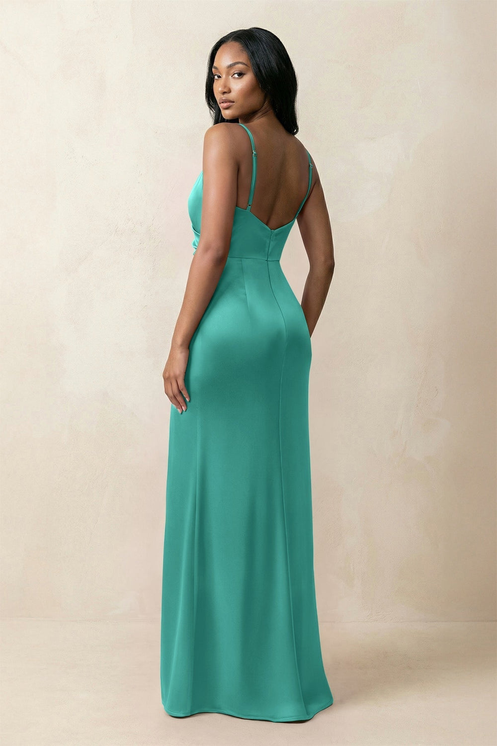 Spaghetti Strap Sheath Satin Ruched Bridesmaid Dress in Sea Glass