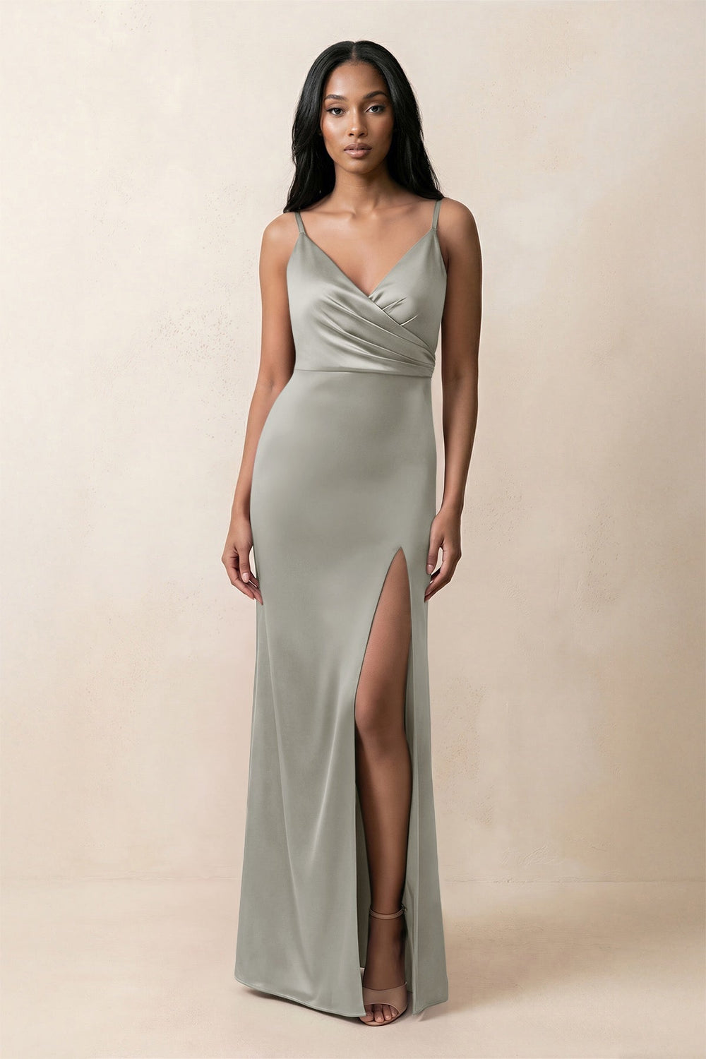 Spaghetti Strap Sheath Satin Ruched Bridesmaid Dress in Silver