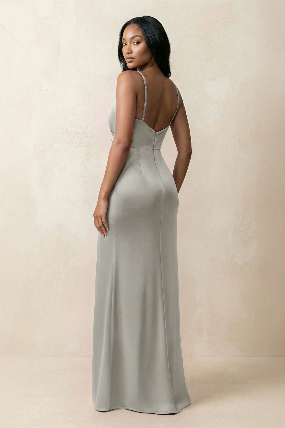 Spaghetti Strap Sheath Satin Ruched Bridesmaid Dress in Silver