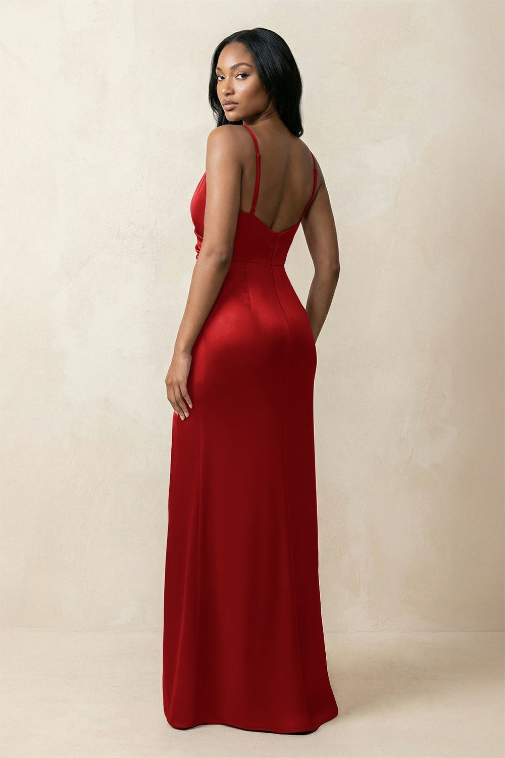 Spaghetti Strap Sheath Satin Ruched Bridesmaid Dress in Spice