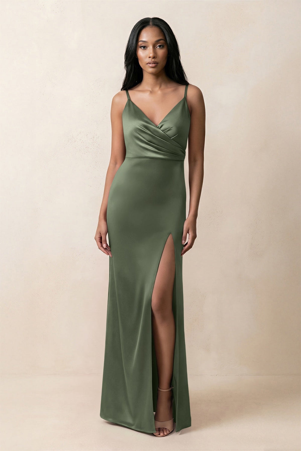 Spaghetti Strap Sheath Satin Ruched Bridesmaid Dress in Thyme
