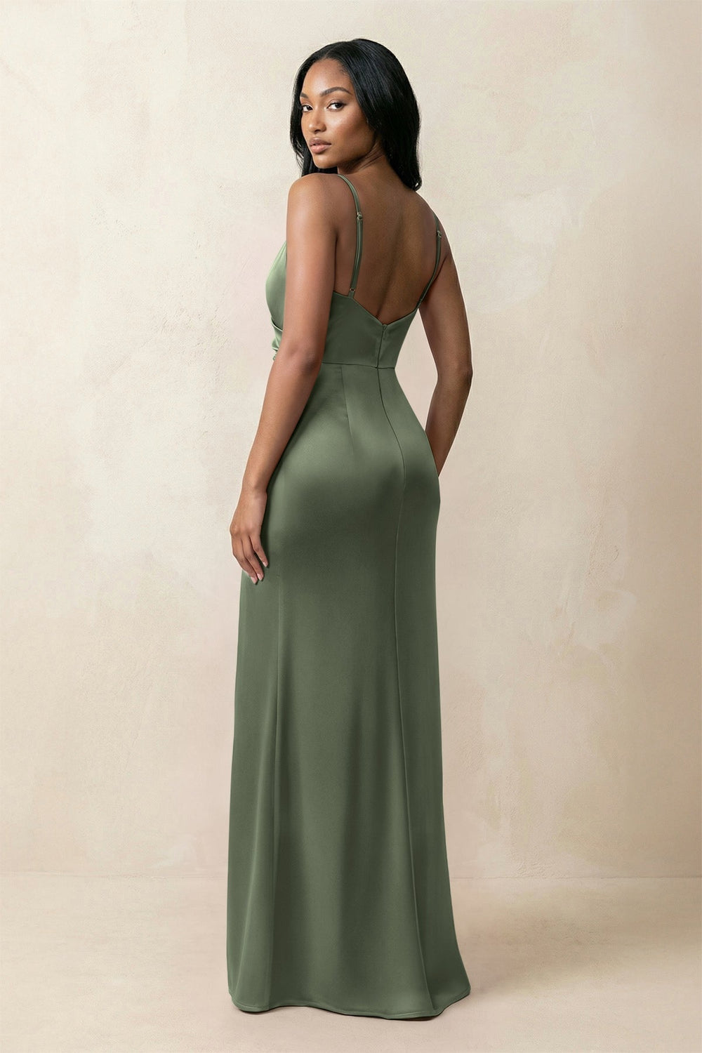 Spaghetti Strap Sheath Satin Ruched Bridesmaid Dress in Thyme