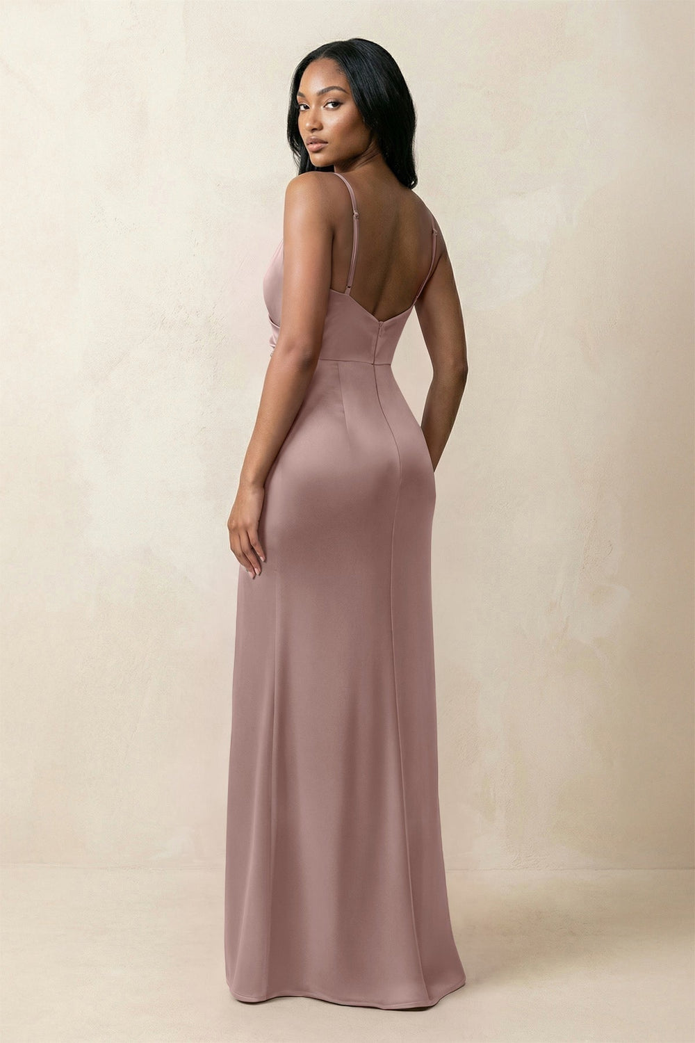 Spaghetti Strap Sheath Satin Ruched Bridesmaid Dress in Toffee
