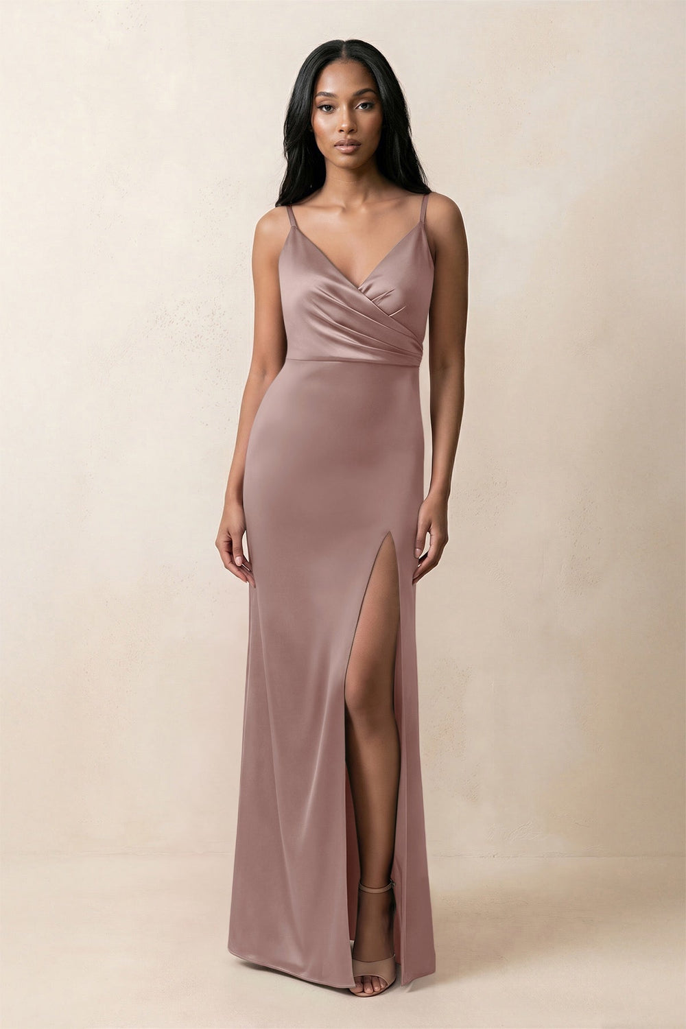 Spaghetti Strap Sheath Satin Ruched Bridesmaid Dress in Toffee
