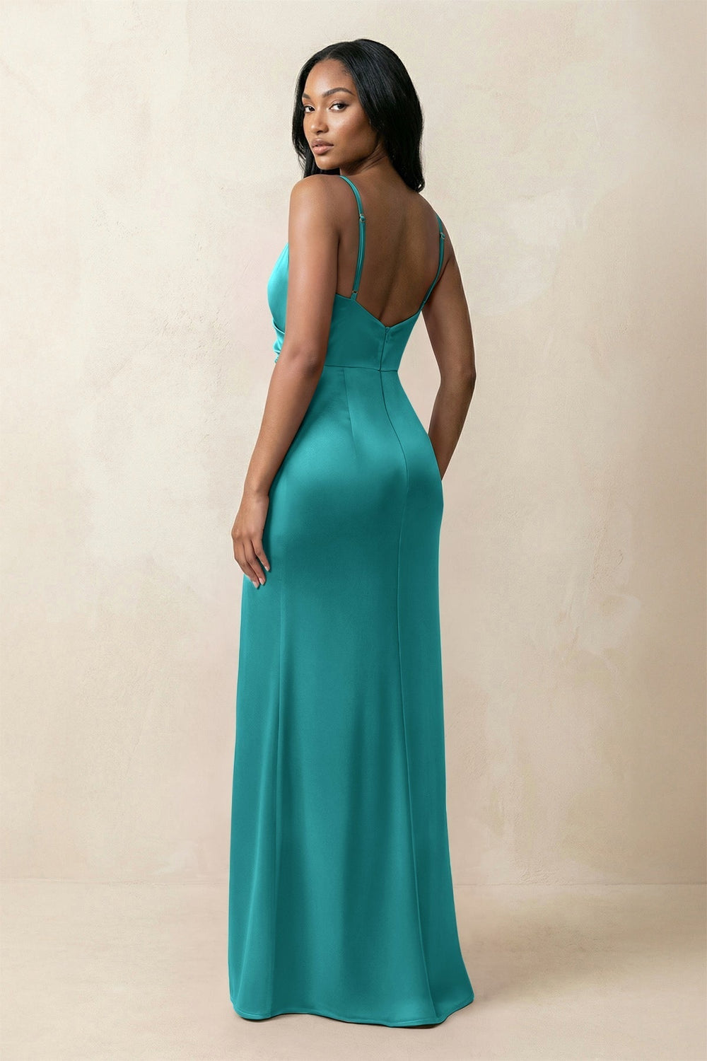 Spaghetti Strap Sheath Satin Ruched Bridesmaid Dress in Turquoise