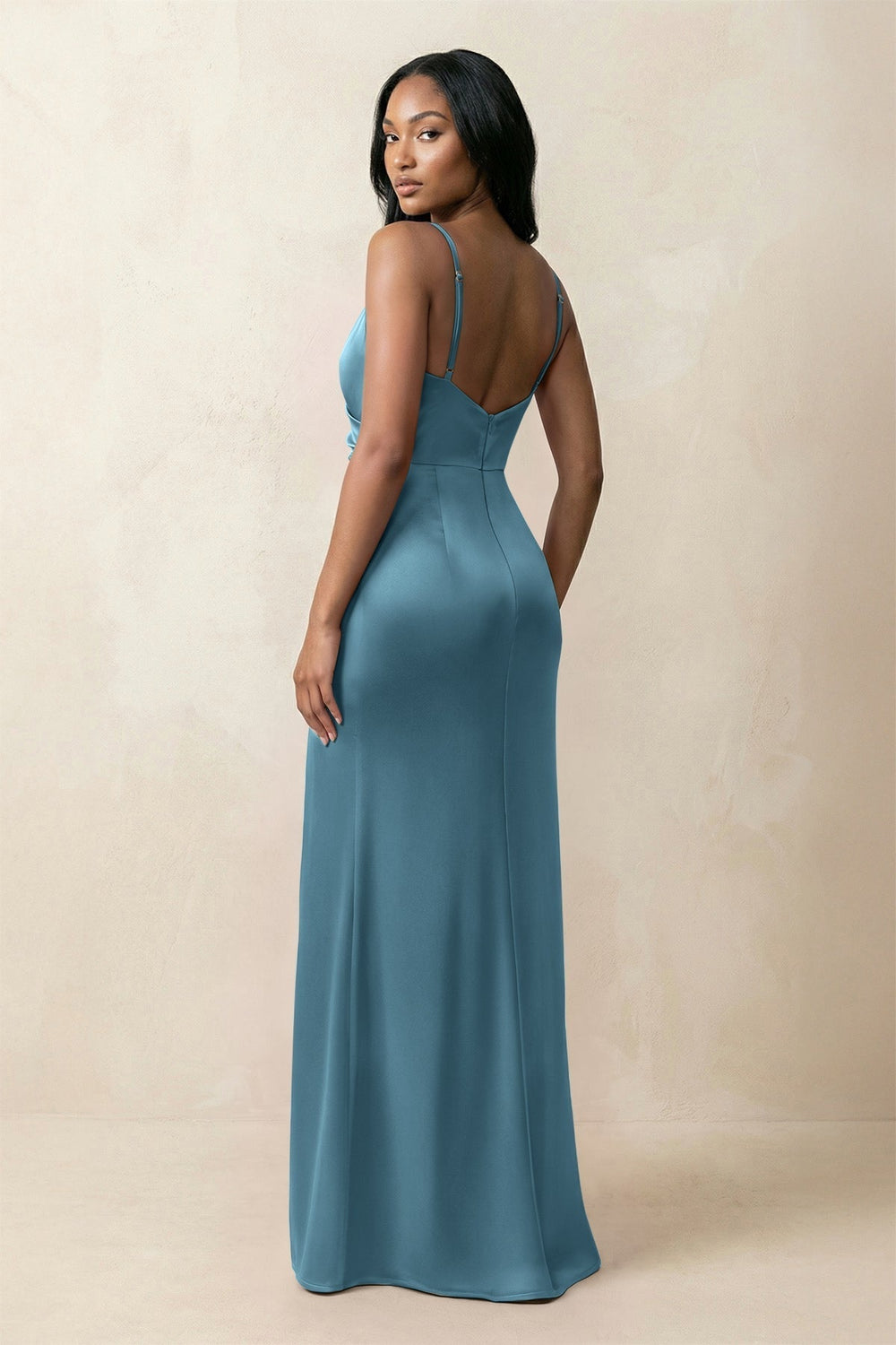 Spaghetti Strap Sheath Satin Ruched Bridesmaid Dress in Twilight