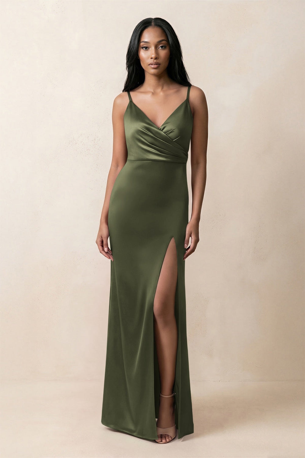 Spaghetti Strap Sheath Satin Ruched Bridesmaid Dress in Willow Green