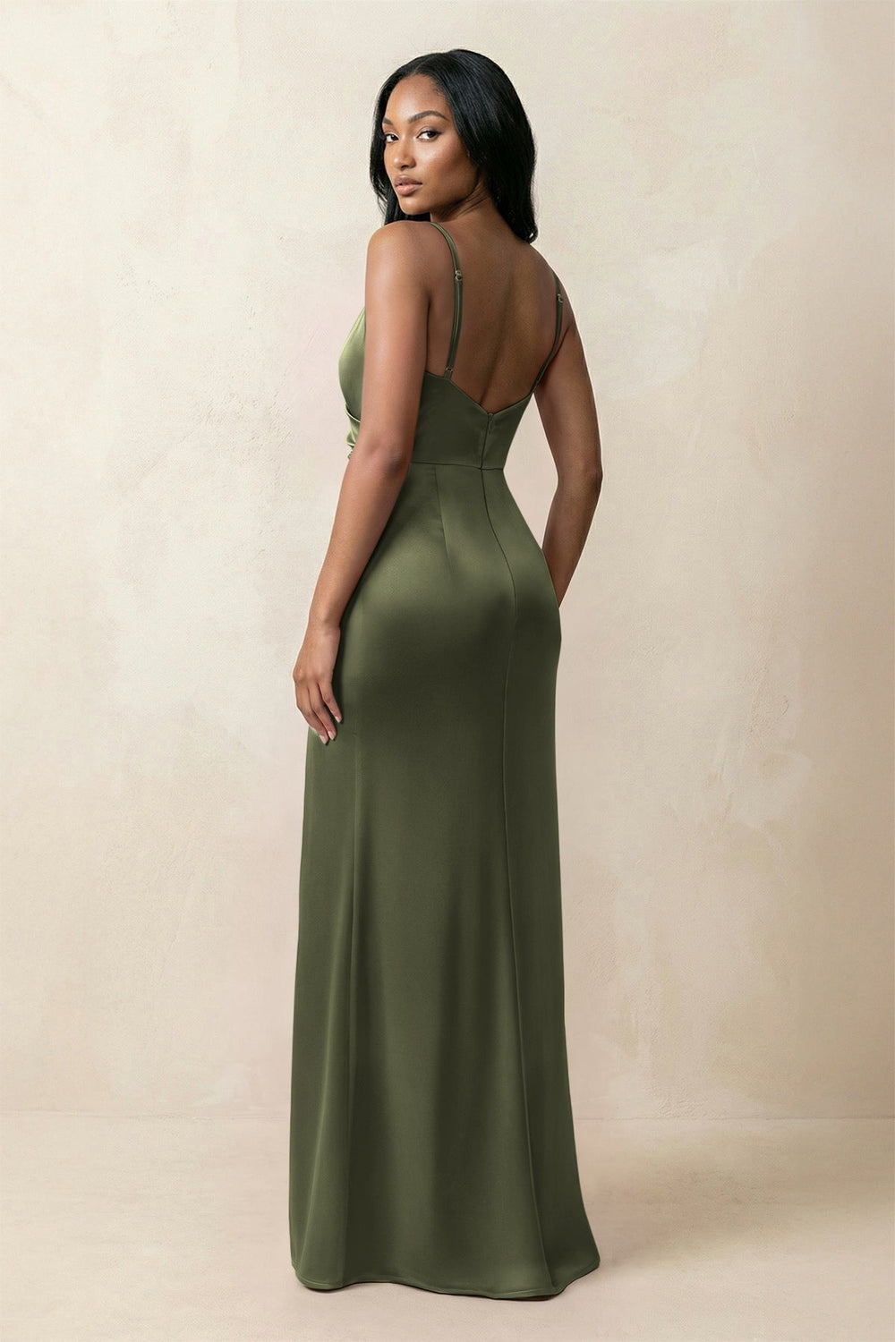 Spaghetti Strap Sheath Satin Ruched Bridesmaid Dress in Willow Green