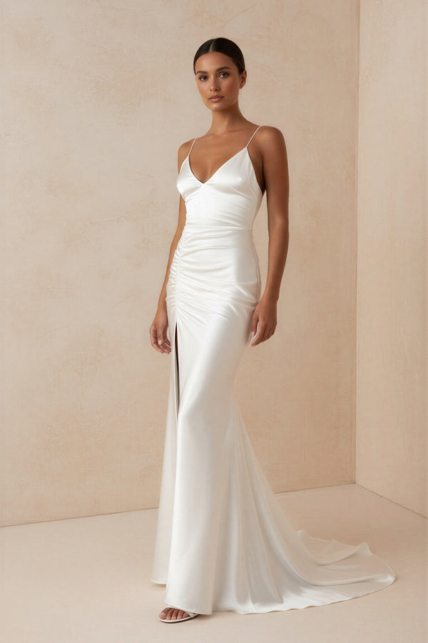 Spaghetti Strap Sheath Satin Wedding Dress With Slit in ivory - KISS BRIDAL Wedding Dresses