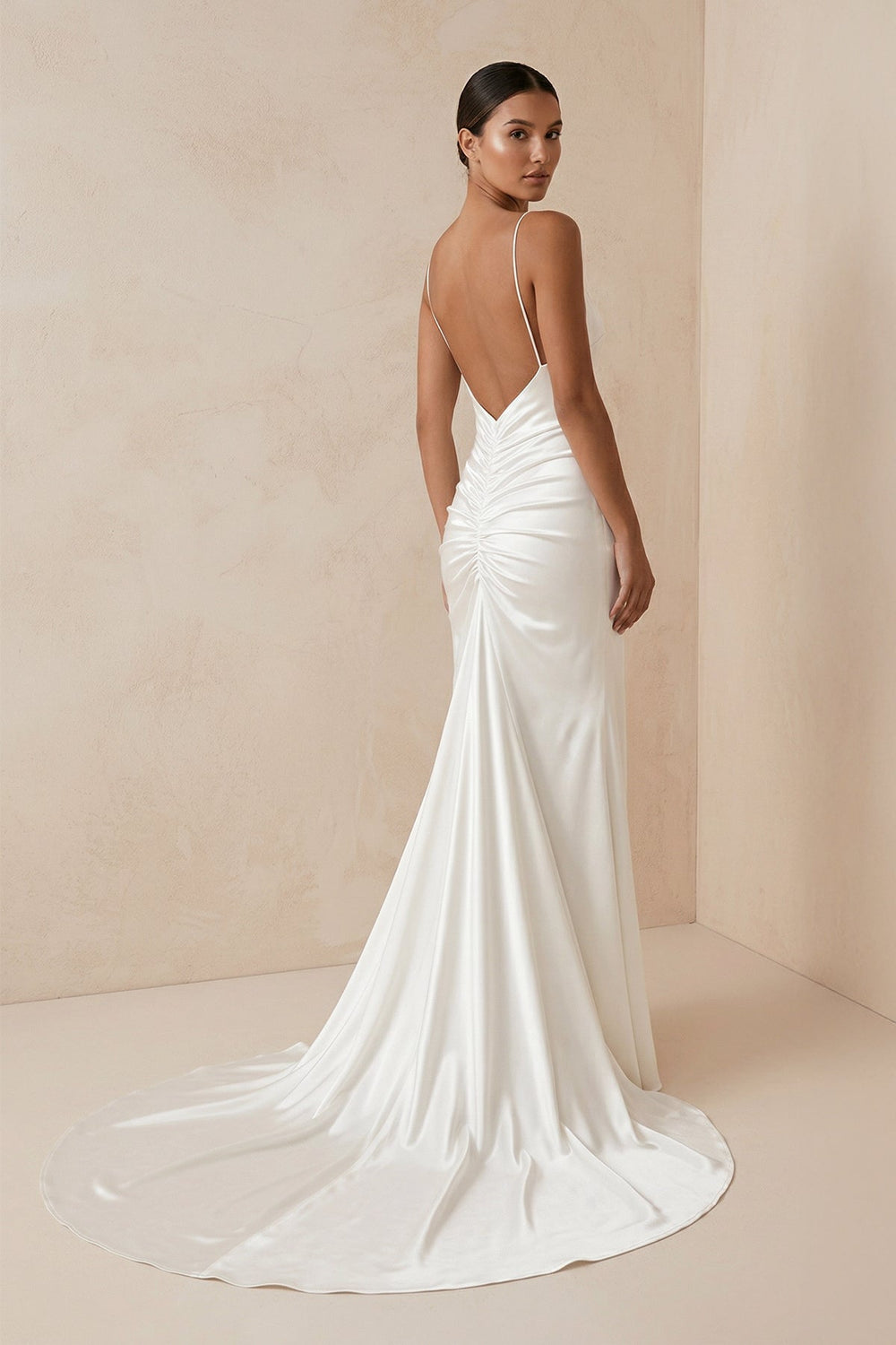 Spaghetti Strap Sheath Satin Wedding Dress With Slit in ivory