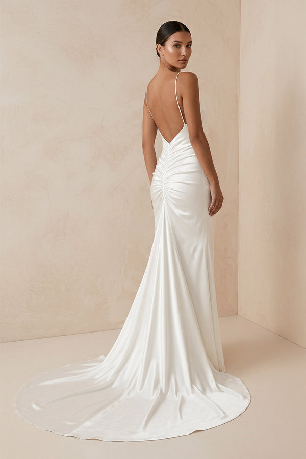 Spaghetti Strap Sheath Satin Wedding Dress With Slit in ivory - KISS BRIDAL Wedding Dresses