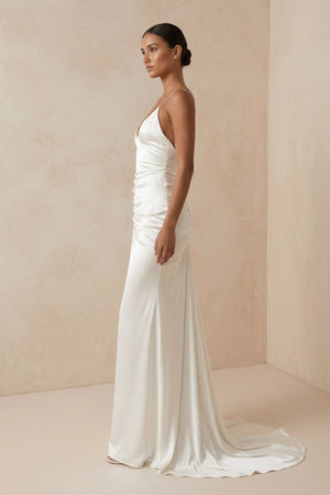Spaghetti Strap Sheath Satin Wedding Dress With Slit in ivory - KISS BRIDAL Wedding Dresses