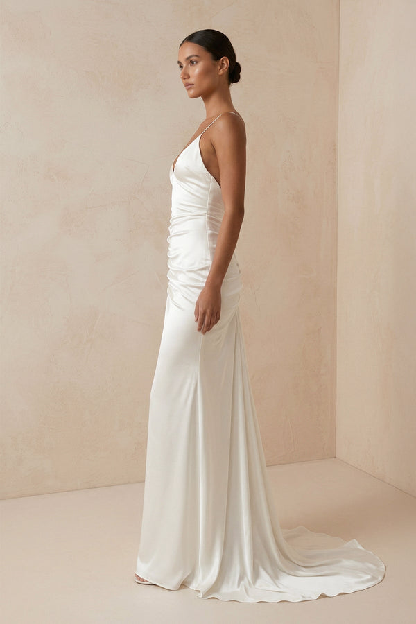 Spaghetti Strap Sheath Satin Wedding Dress With Slit in ivory - KISS BRIDAL Wedding Dresses