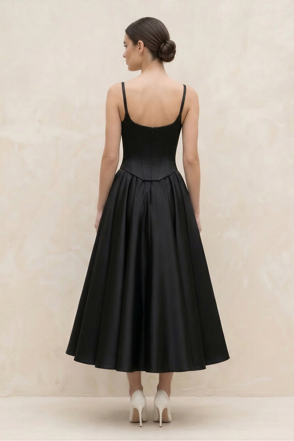 Spaghetti Straps A-Line Satin Midi Wedding Dress in Black