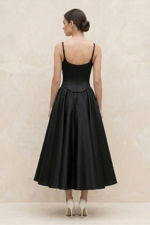 Spaghetti Straps A - Line Satin Midi Wedding Dress in Black - KISS BRIDAL Wedding Dresses