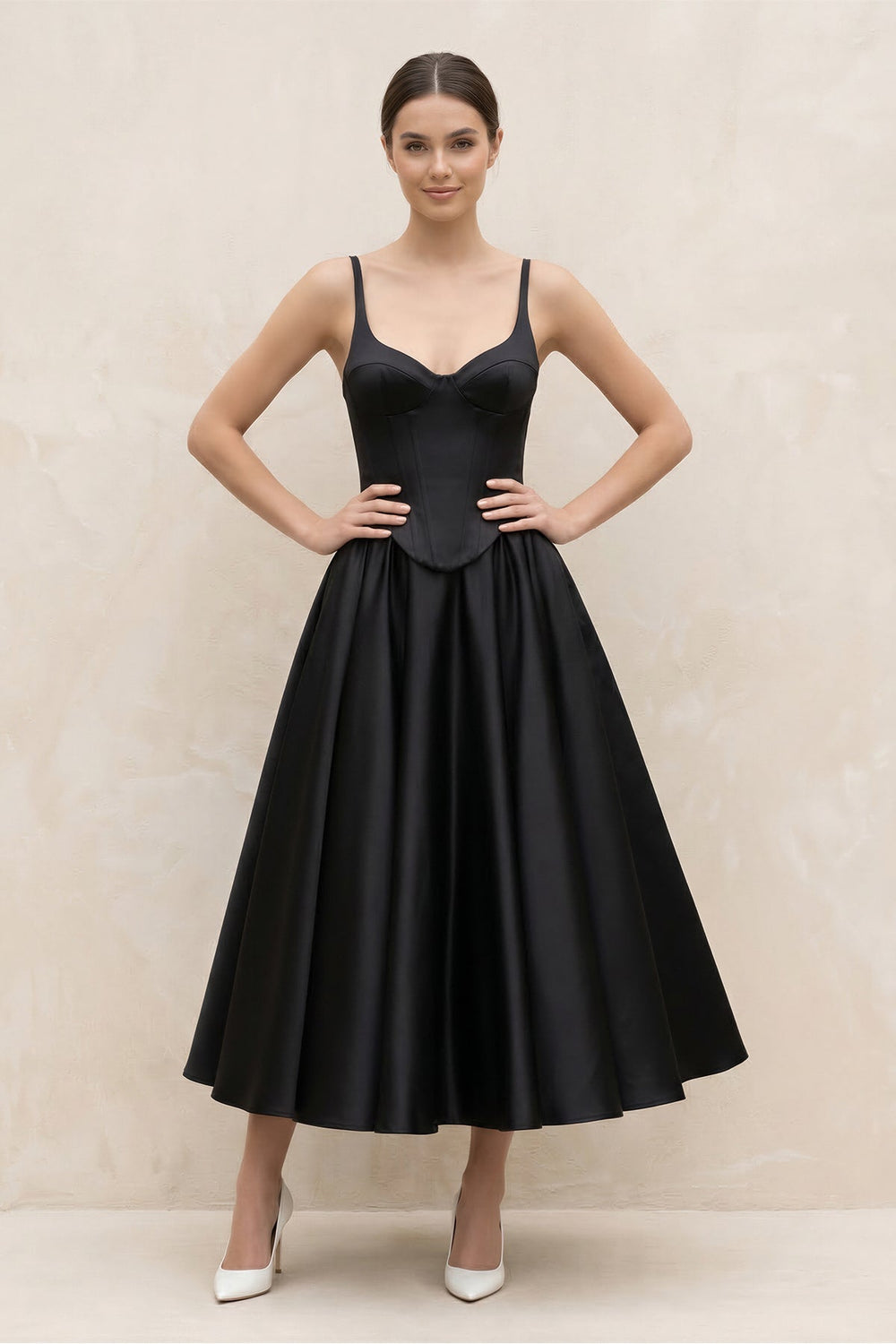 Spaghetti Straps A-Line Satin Midi Wedding Dress in Black