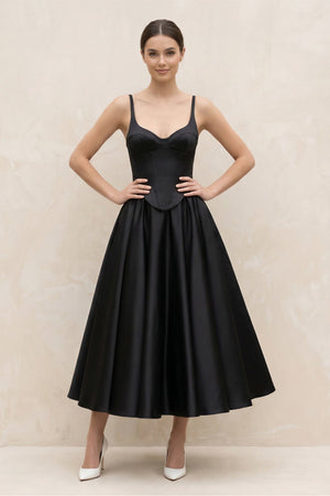 Spaghetti Straps A - Line Satin Midi Wedding Dress in Black - KISS BRIDAL Wedding Dresses