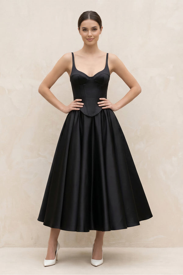 Spaghetti Straps A - Line Satin Midi Wedding Dress in Black - KISS BRIDAL Wedding Dresses