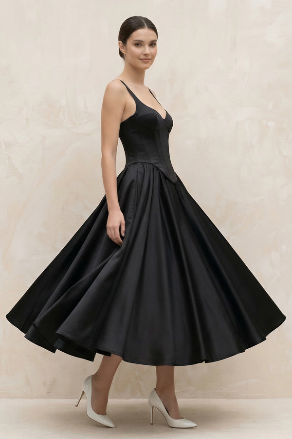 Spaghetti Straps A - Line Satin Midi Wedding Dress in Black - KISS BRIDAL Wedding Dresses
