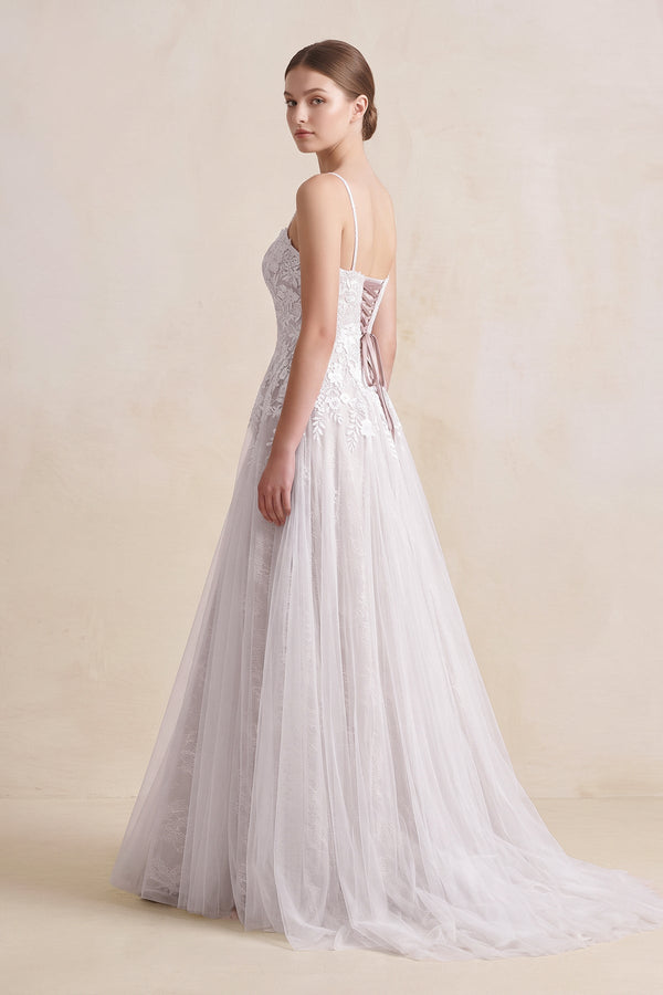 Spaghetti Straps A - Line Tulle Appliqued Wedding Dress in White - KISS BRIDAL Wedding Dresses