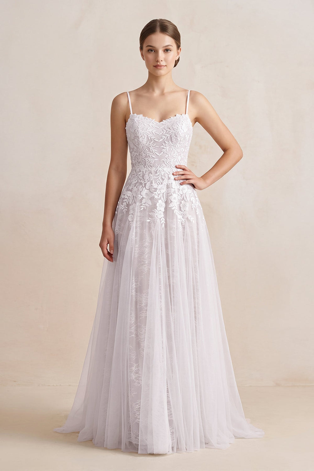 Spaghetti Straps A-Line Tulle Appliqued Wedding Dress in White
