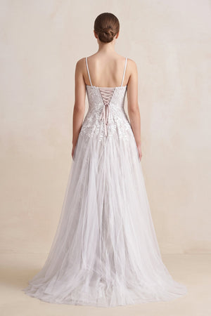 Spaghetti Straps A - Line Tulle Appliqued Wedding Dress in White - KISS BRIDAL Wedding Dresses
