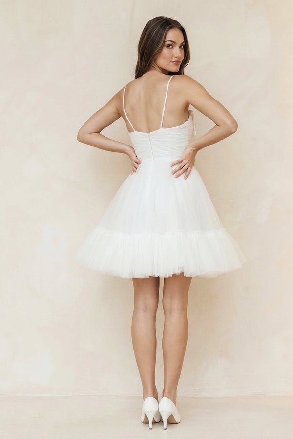 Spaghetti Straps A - line Tulle Bow Wedding Dress With Beading in White - KISS BRIDAL Wedding Dresses
