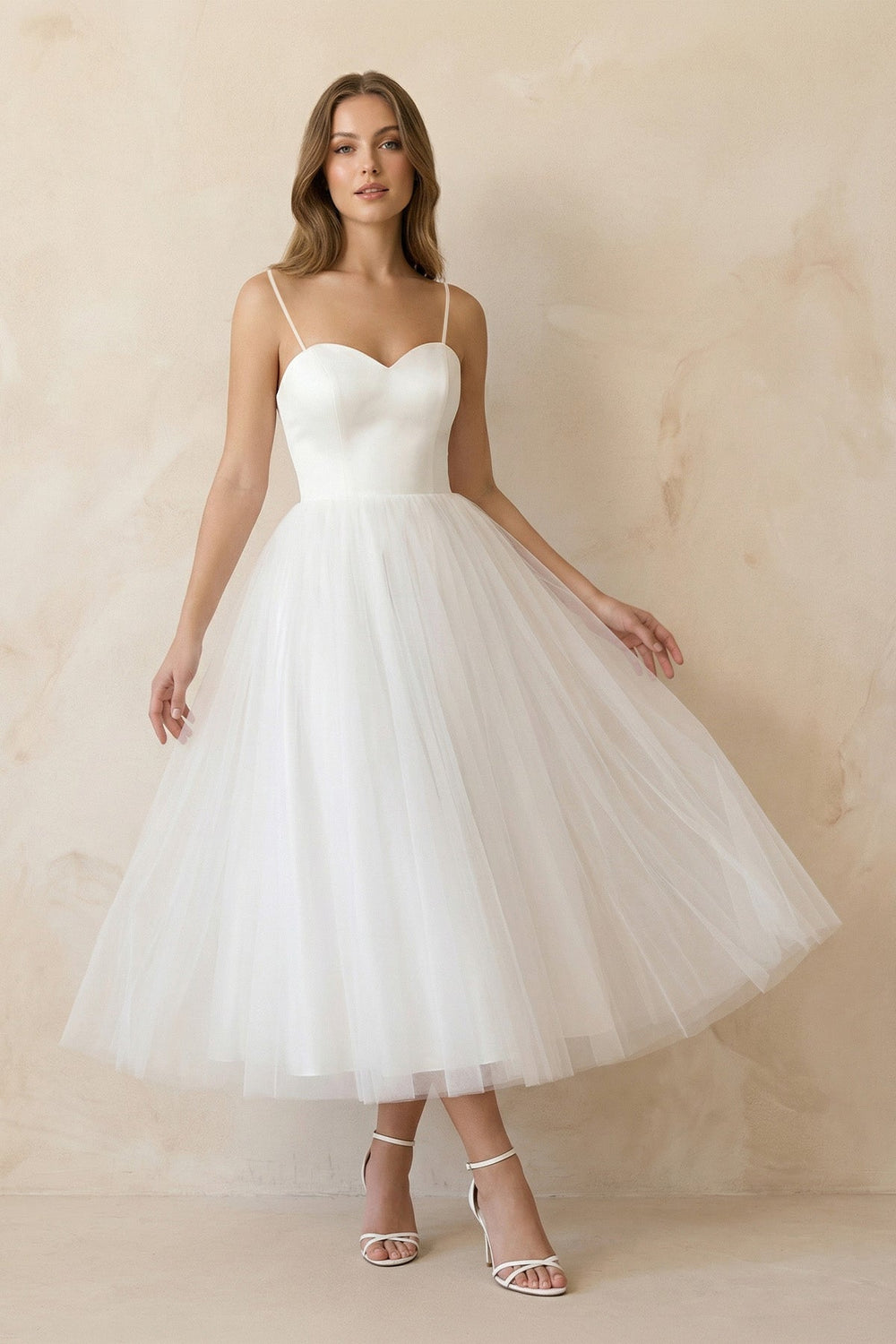 Spaghetti Straps A-Line Tulle Midi Wedding Dress in White