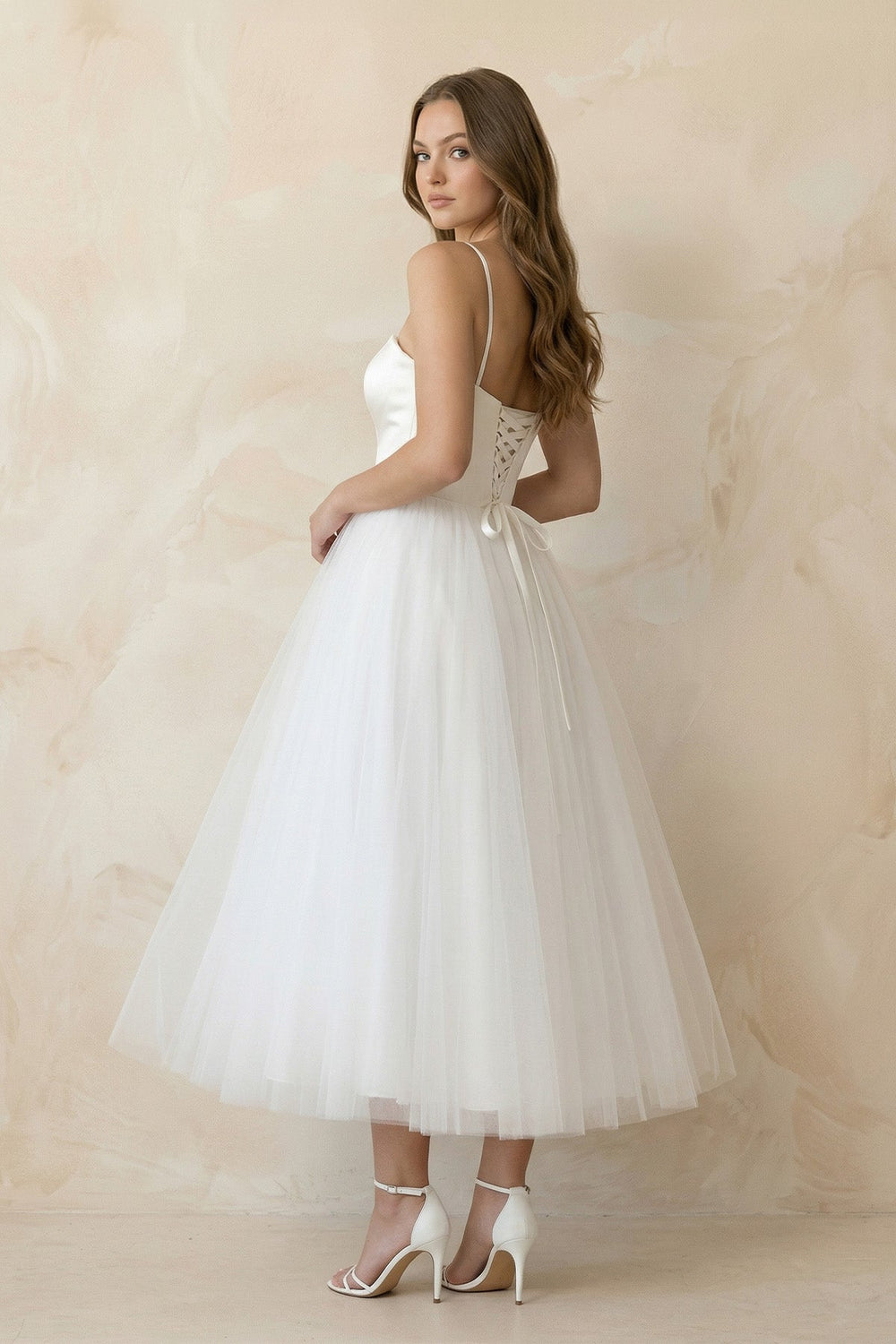 Spaghetti Straps A-Line Tulle Midi Wedding Dress in White