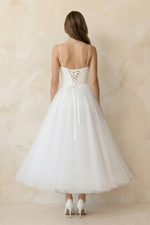 Spaghetti Straps A - Line Tulle Midi Wedding Dress in White - KISS BRIDAL Wedding Dresses