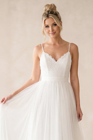 Spaghetti Straps A - Line Tulle Ruched Wedding Dress in White - KISS BRIDAL Wedding Dresses