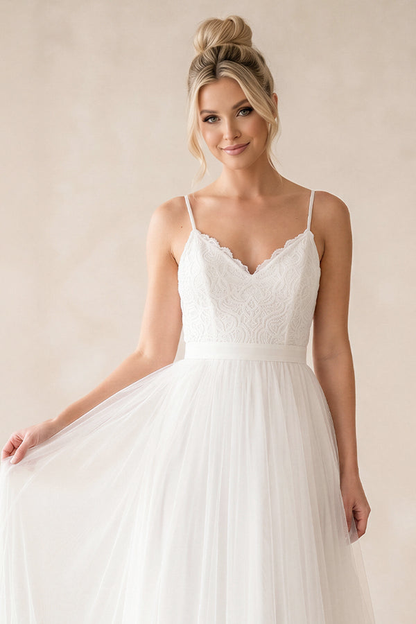 Spaghetti Straps A - Line Tulle Ruched Wedding Dress in White - KISS BRIDAL Wedding Dresses