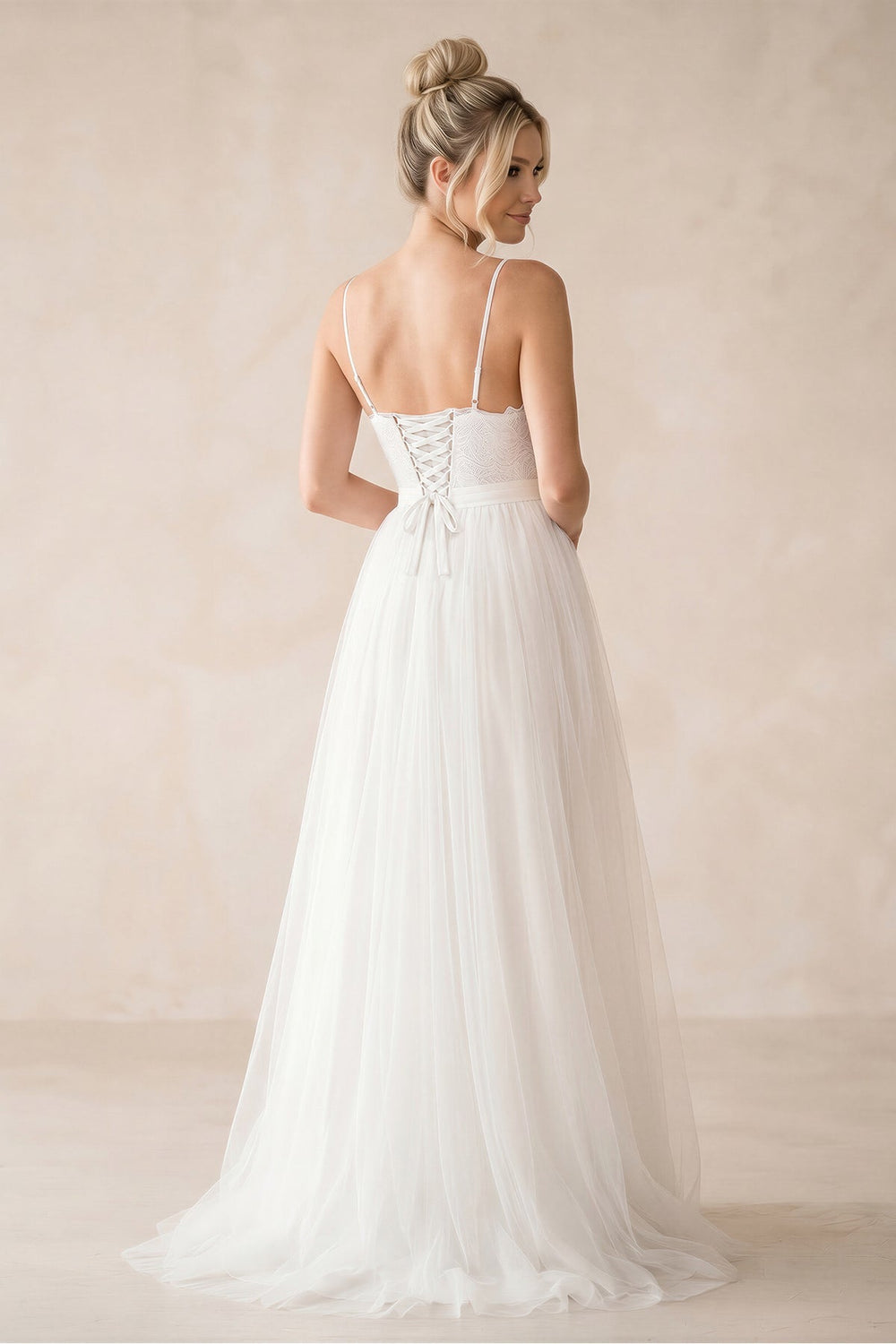 Spaghetti Straps A-Line Tulle Ruched Wedding Dress in White