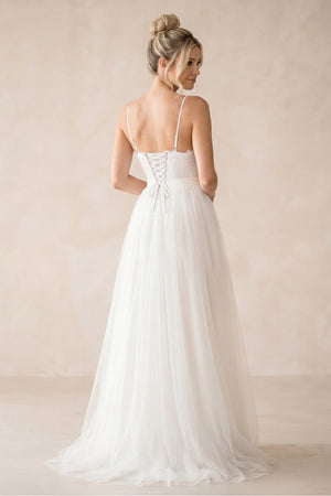 Spaghetti Straps A - Line Tulle Ruched Wedding Dress in White - KISS BRIDAL Wedding Dresses