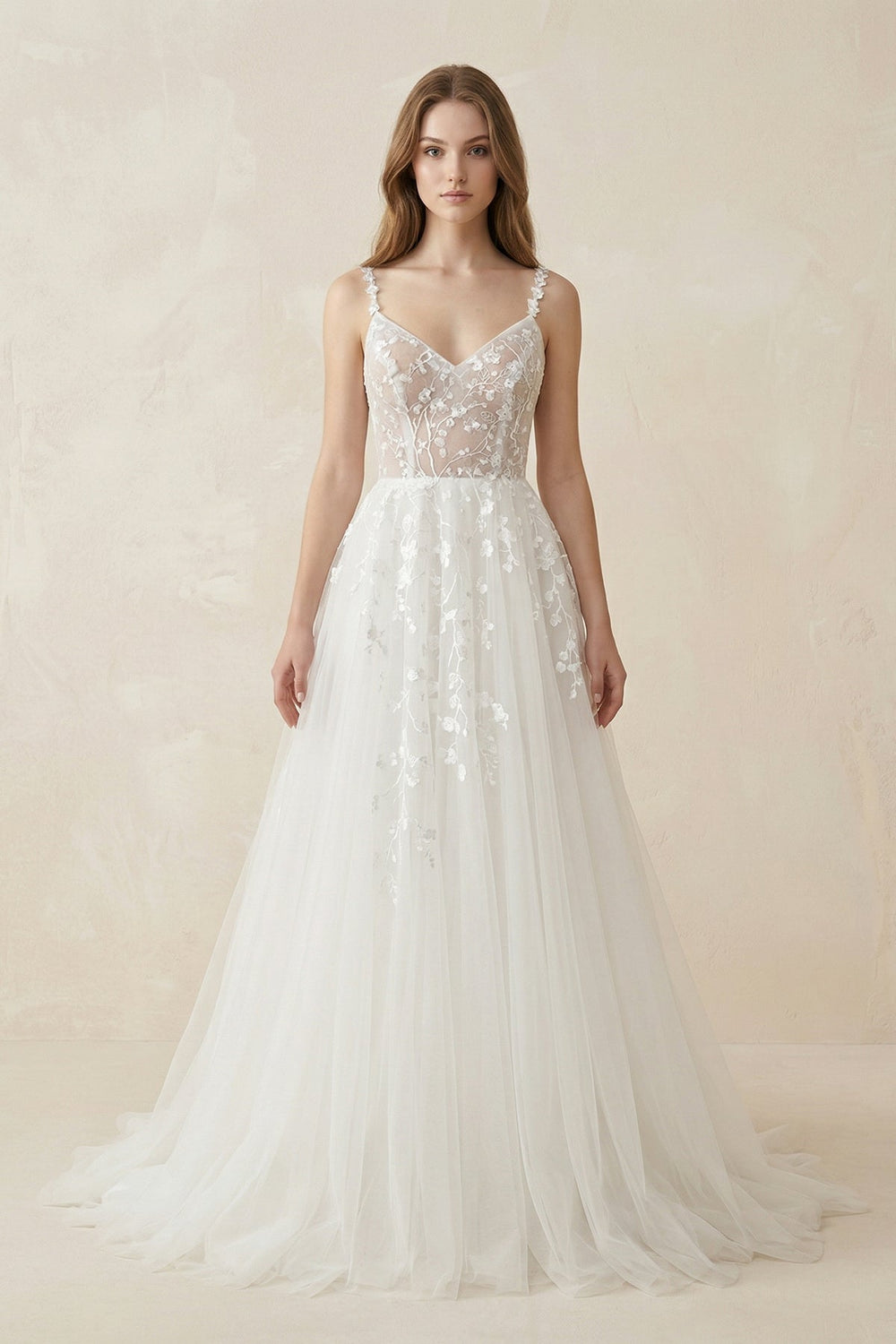 Spaghetti-Straps A-Line Tulle Wedding Dress With Lace Appliques in White