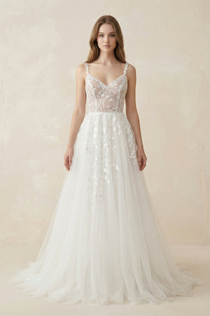 Spaghetti - Straps A - Line Tulle Wedding Dress With Lace Appliques in White - KISS BRIDAL Wedding Dresses