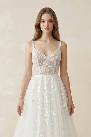 Spaghetti - Straps A - Line Tulle Wedding Dress With Lace Appliques in White - KISS BRIDAL Wedding Dresses
