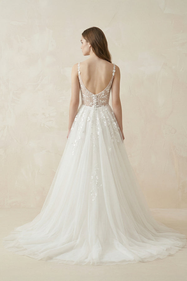 Spaghetti - Straps A - Line Tulle Wedding Dress With Lace Appliques in White - KISS BRIDAL Wedding Dresses