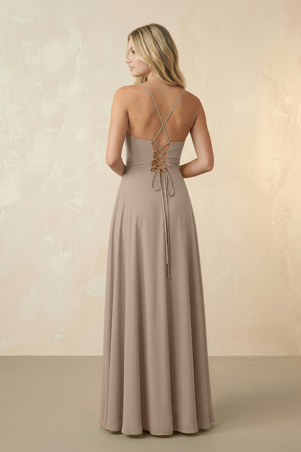 Spaghetti Straps Chiffon A-Line Bridesmaid Dress in Almond