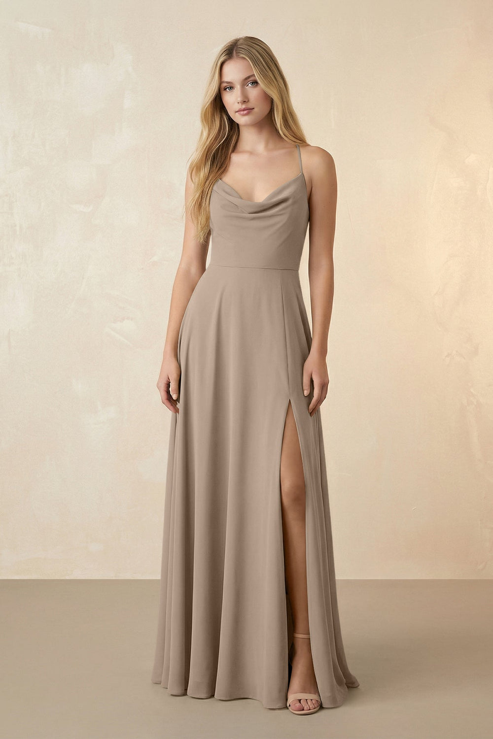 Spaghetti Straps Chiffon A-Line Bridesmaid Dress in Almond