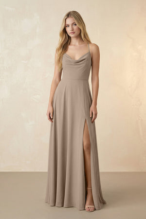 Spaghetti Straps Chiffon A-Line Bridesmaid Dress in Almond | KISSBRIDAL