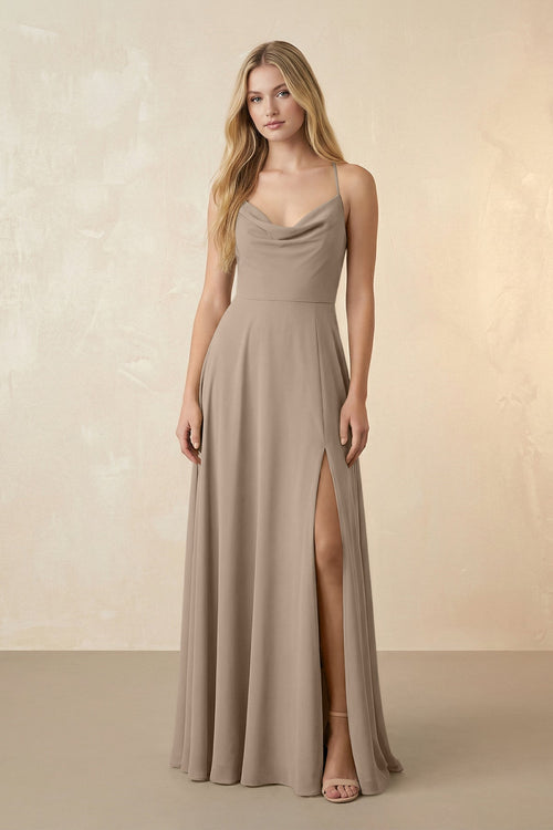 Spaghetti Straps Chiffon A-Line Bridesmaid Dress in Almond | KISSBRIDAL